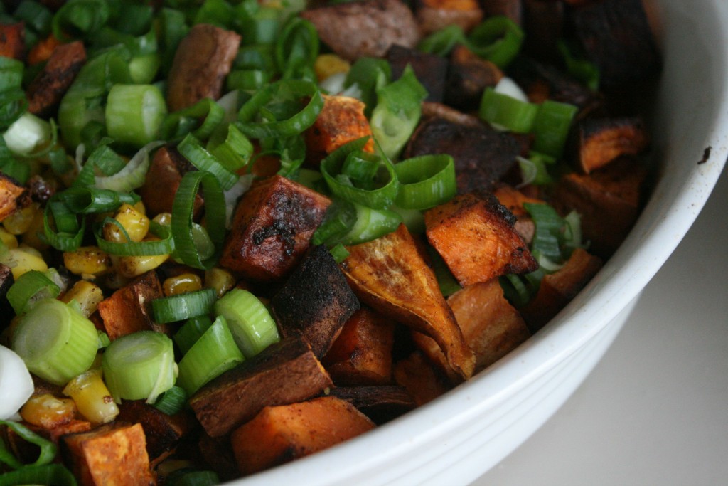 Roasted Sweet Potato and Corn Salad with Spicy Serrano Pepper and Green Onion Dressing